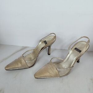 VTG Y2K Stuart Weitzman Gold Mesh Sheer Slingback Heels Pumps, Sz 6.5